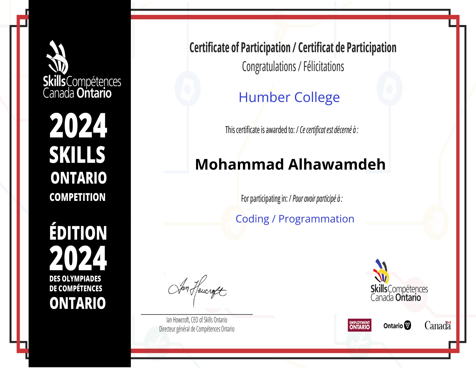 Ontario Skills Competition certificate of participation