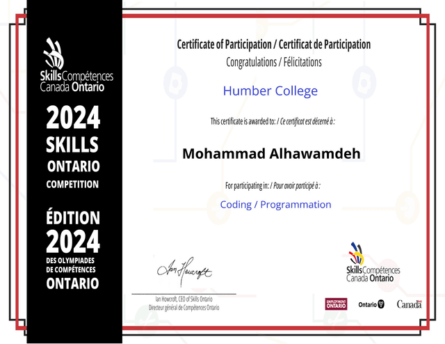 Ontario Skills Competition Certificate