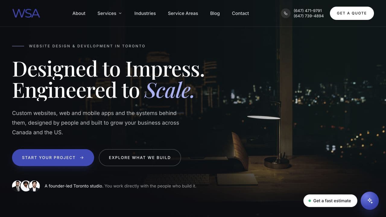 Homepage of WebSolArch, the Toronto web development studio